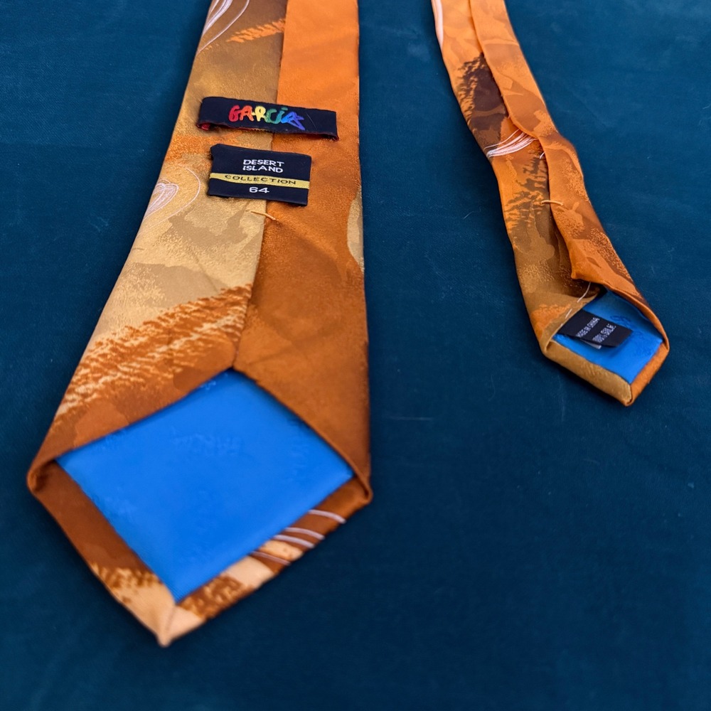Garcia Desert Island Collection 64‎ 100% Silk Abstract Print Tie Orange Gold - Picture 4 of 10